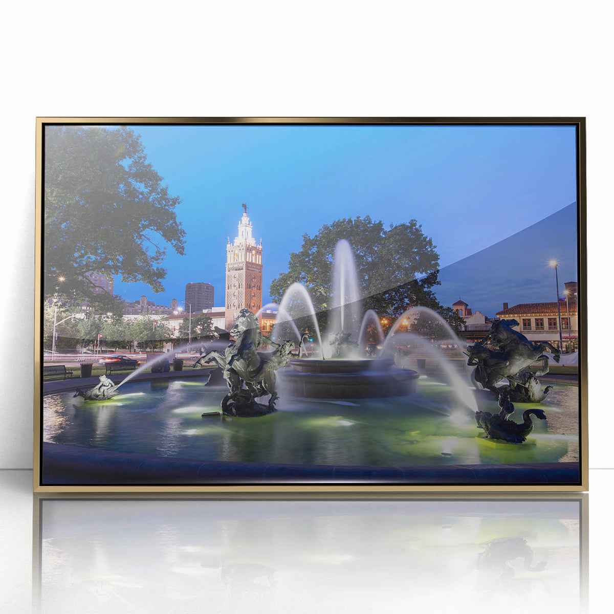 Mid-century modernist acrylic print of a fountain design in gold tones, ideal for modern art wall decor.