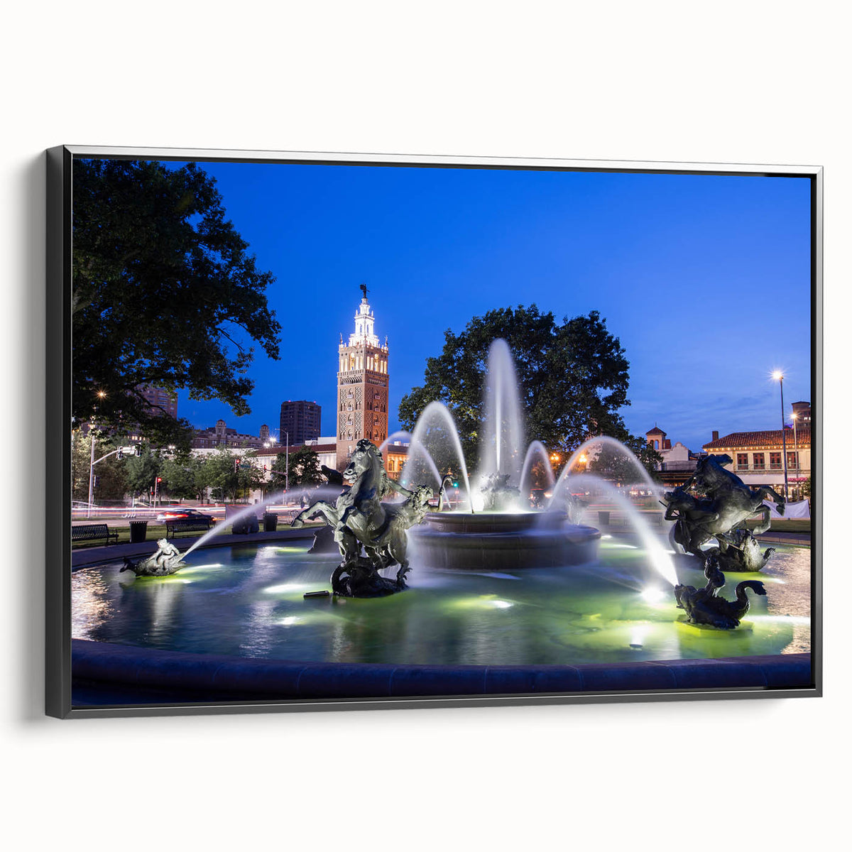 Black and white framed canvas of a vintage landscape painting, ideal for bedroom wall decor.