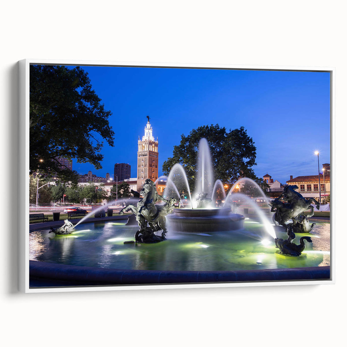 Vintage poster art of a fountain design on a framed canvas, featuring black and colorful art, ideal for living room decor.