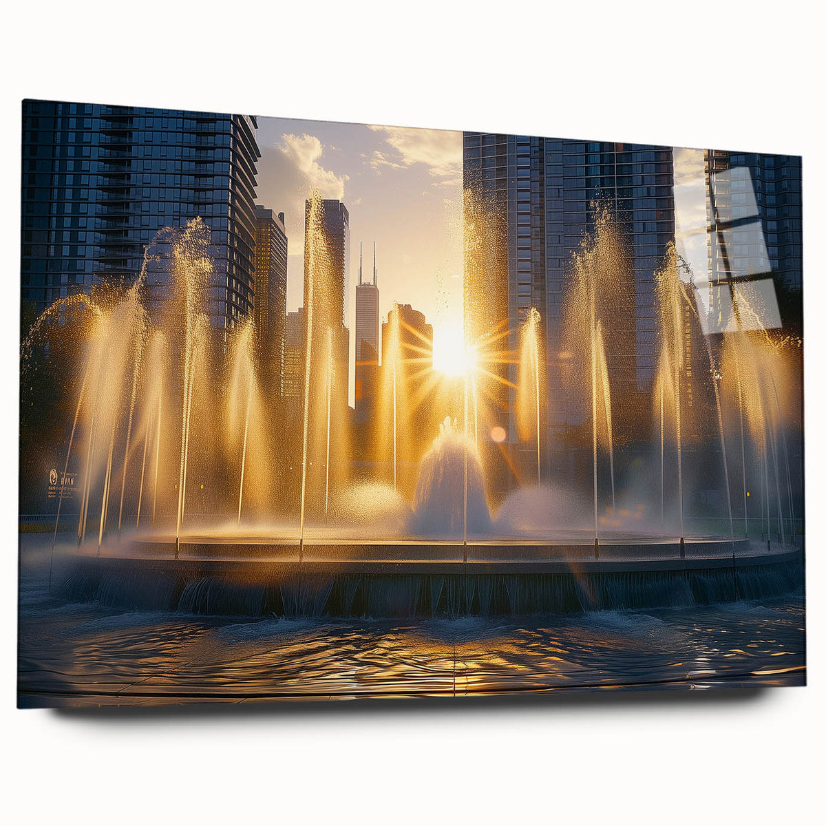 Large abstract wall art on acrylic glass featuring dynamic blue and gray swirls, suitable for bedroom or dining room decor.