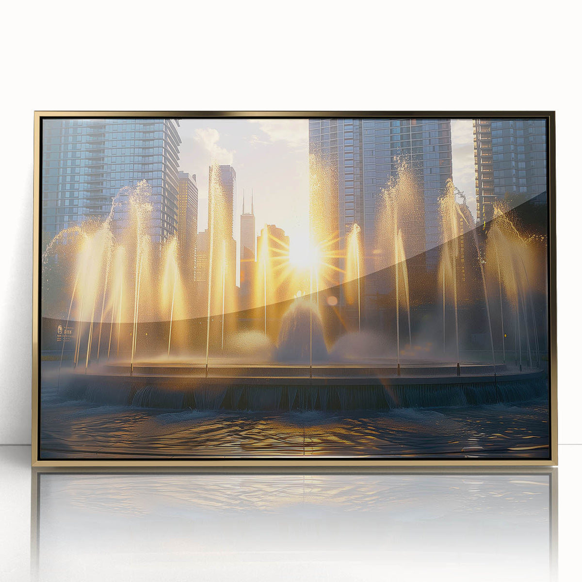 Mid-century modernist acrylic print of an architectural fountain design in gold tones, ideal for modern art wall decor.