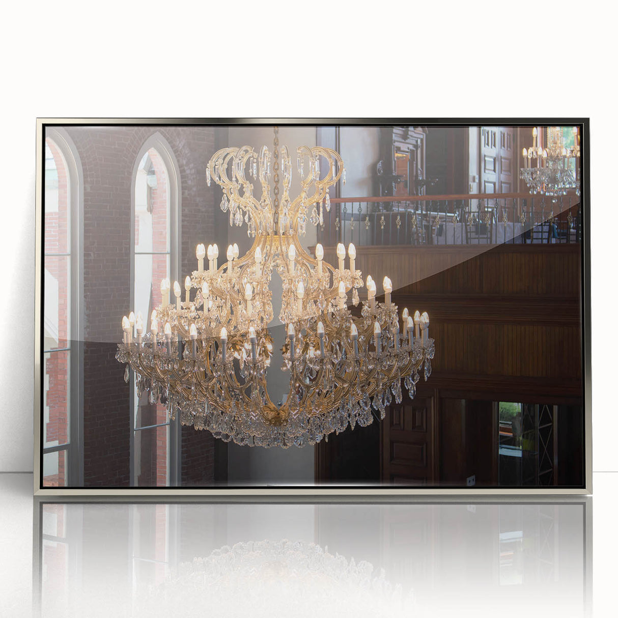 Art deco poster featuring a geometric architecture design in silver and gray tones on a framed acrylic.