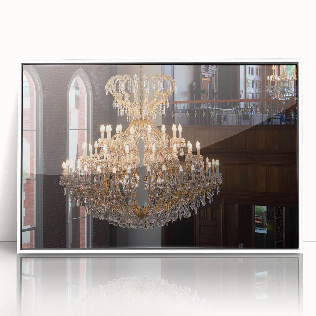 Large art print of a mid-century modernist architectural design in muted grays and whites, acrylic framed.