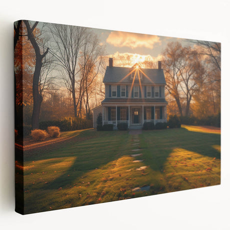 Large art print of modern architecture houses in muted earth tones on stretched canvas, ideal for kitchen wall decor.