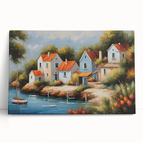 Large stretched canvas featuring a row of colorful, abstract houses, ideal for kitchen wall art.