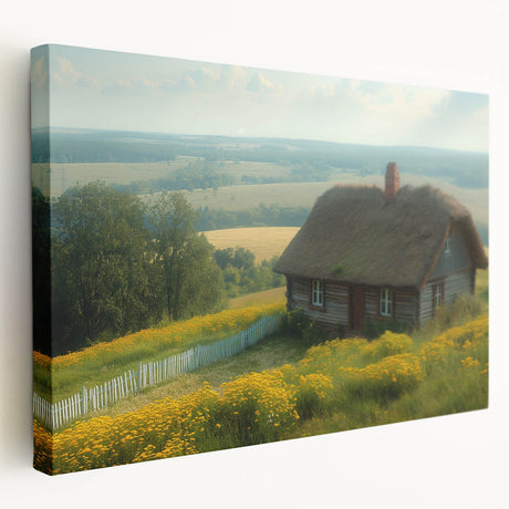 Modern kitchen wall art featuring a row of stylized houses in muted earth tones on a large stretched canvas.