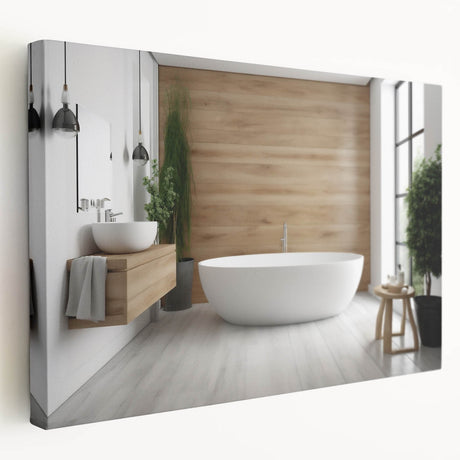 Large canvas print featuring a detailed architectural interior design in muted earth tones, ideal for kitchen wall art.