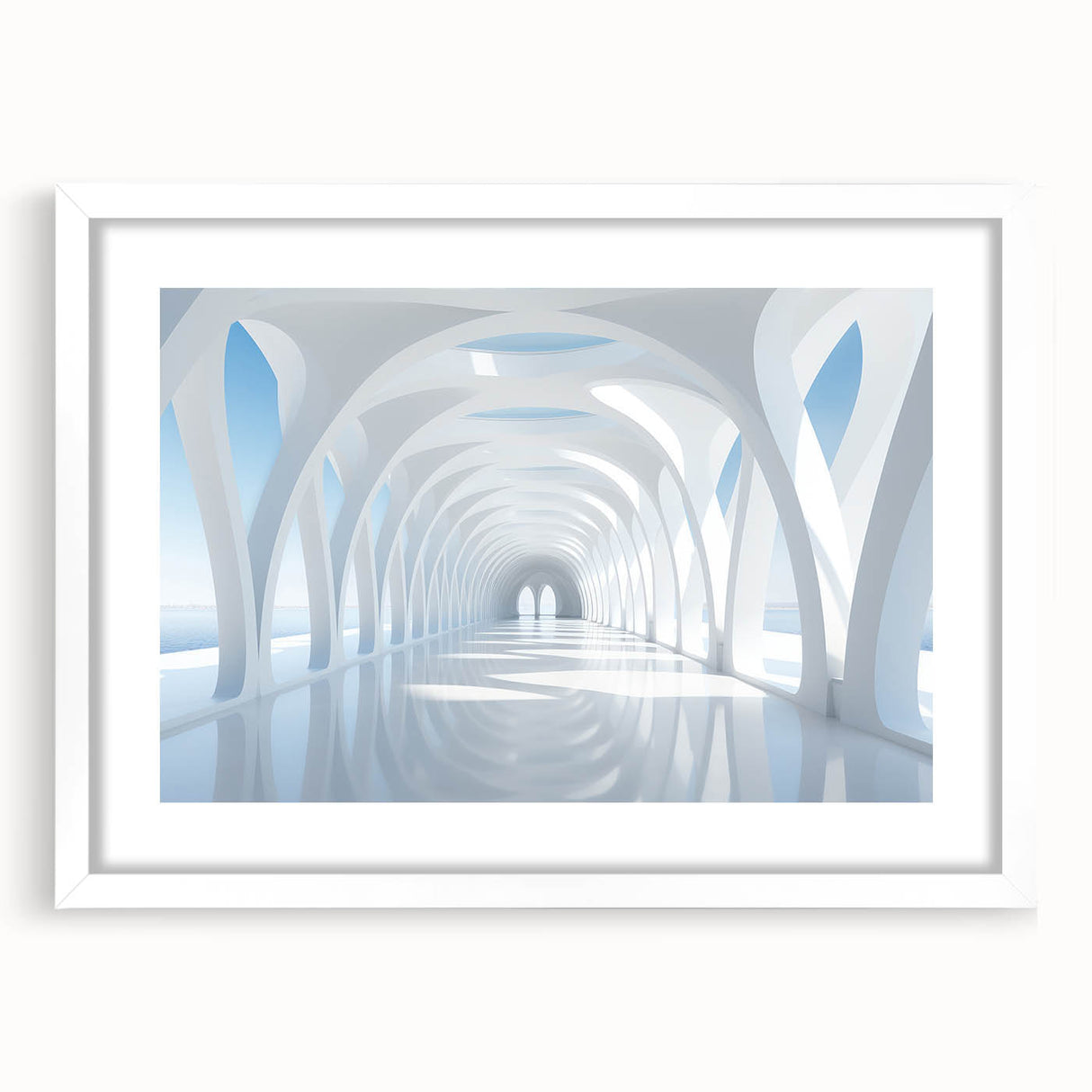 Abstract art print in muted gray and blue tones on framed canvas, suitable for dining or bedroom decor.