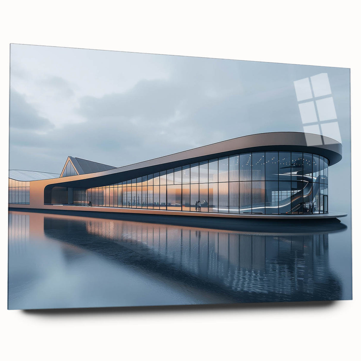 Large abstract wall art on acrylic glass, featuring fluid blue and gray tones, ideal for bedroom or dining room decor.