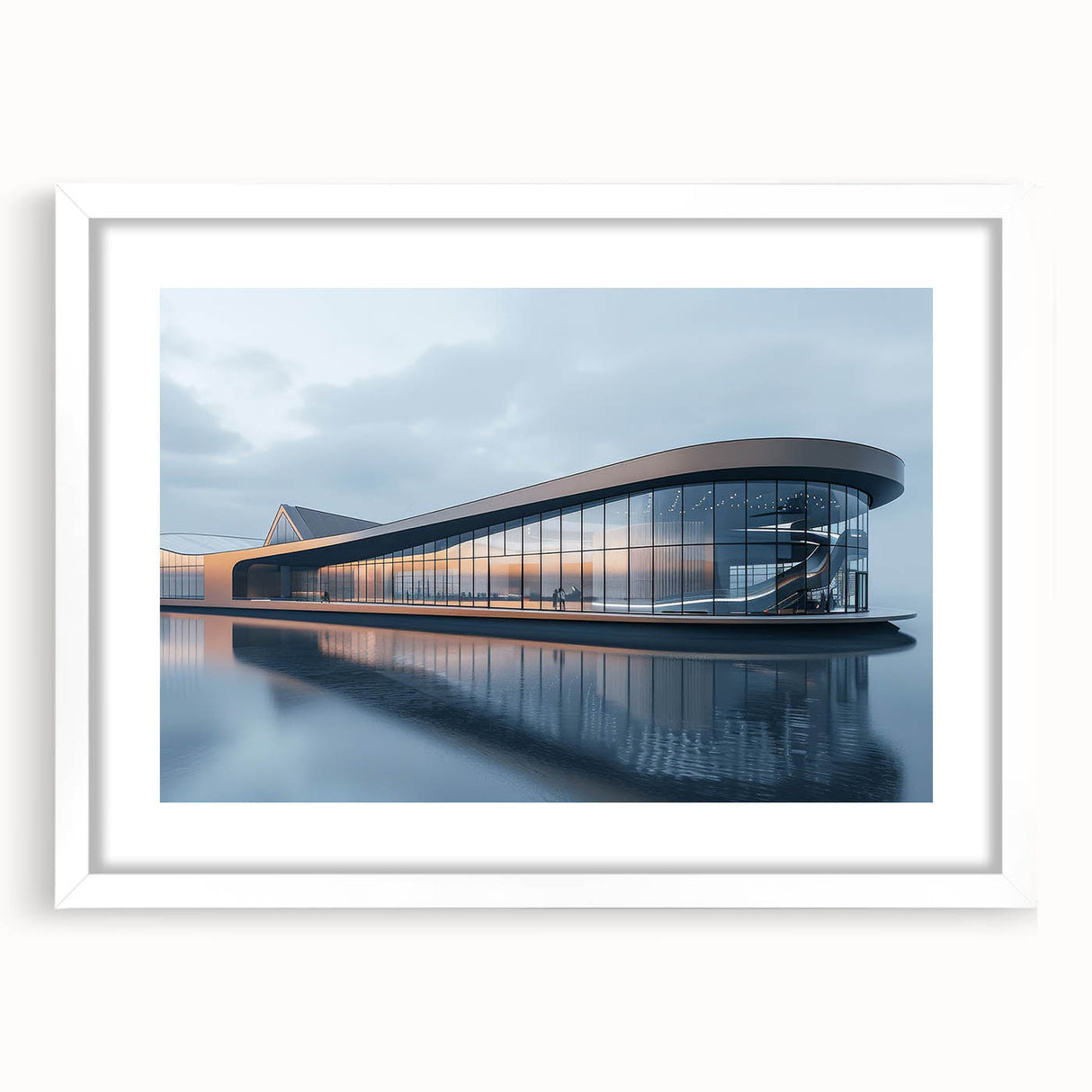 Abstract art prints featuring geometric shapes in muted gray and blue tones on a framed white canvas.