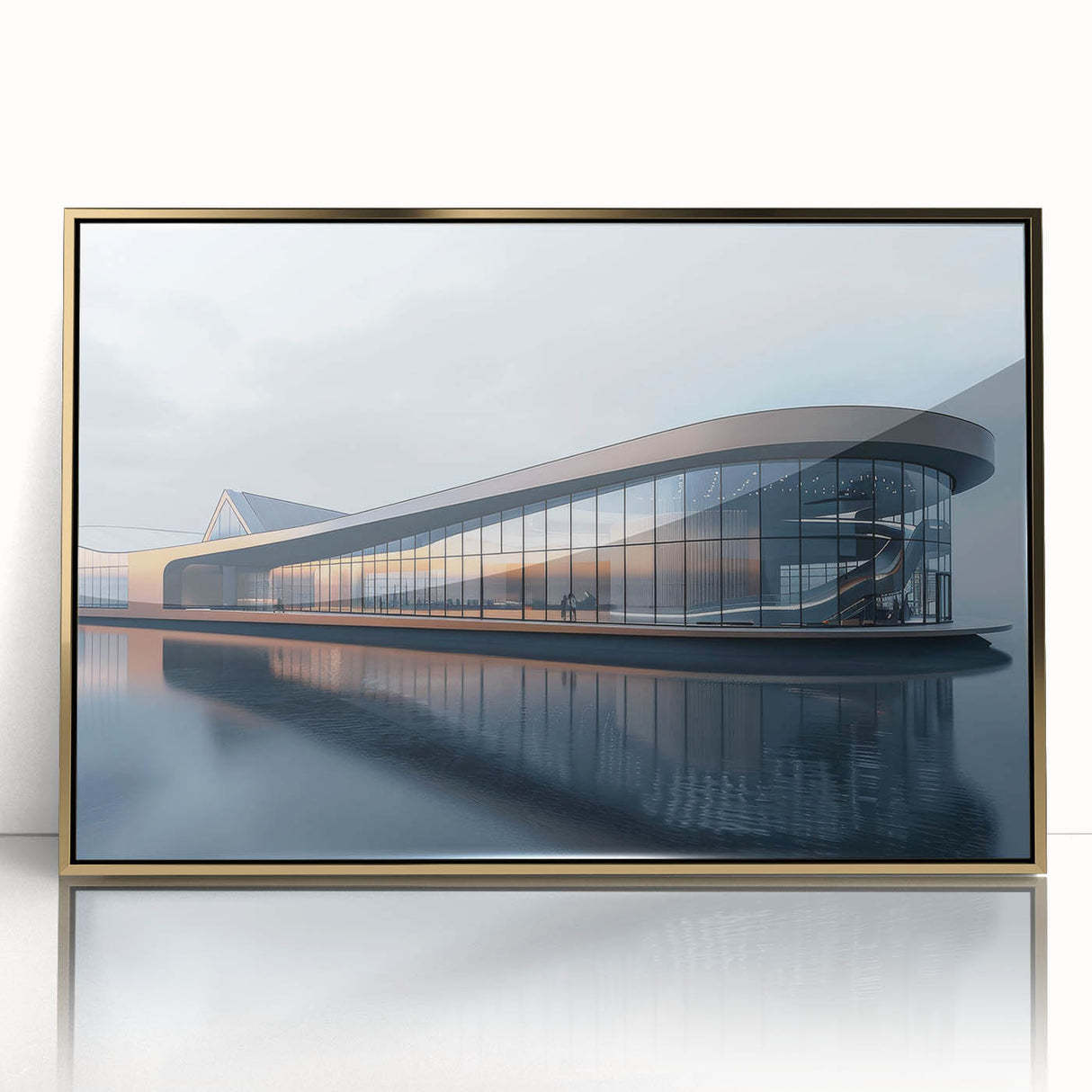 Large acrylic print of a mid-century modernist architectural museum, featuring gold and beige tones.