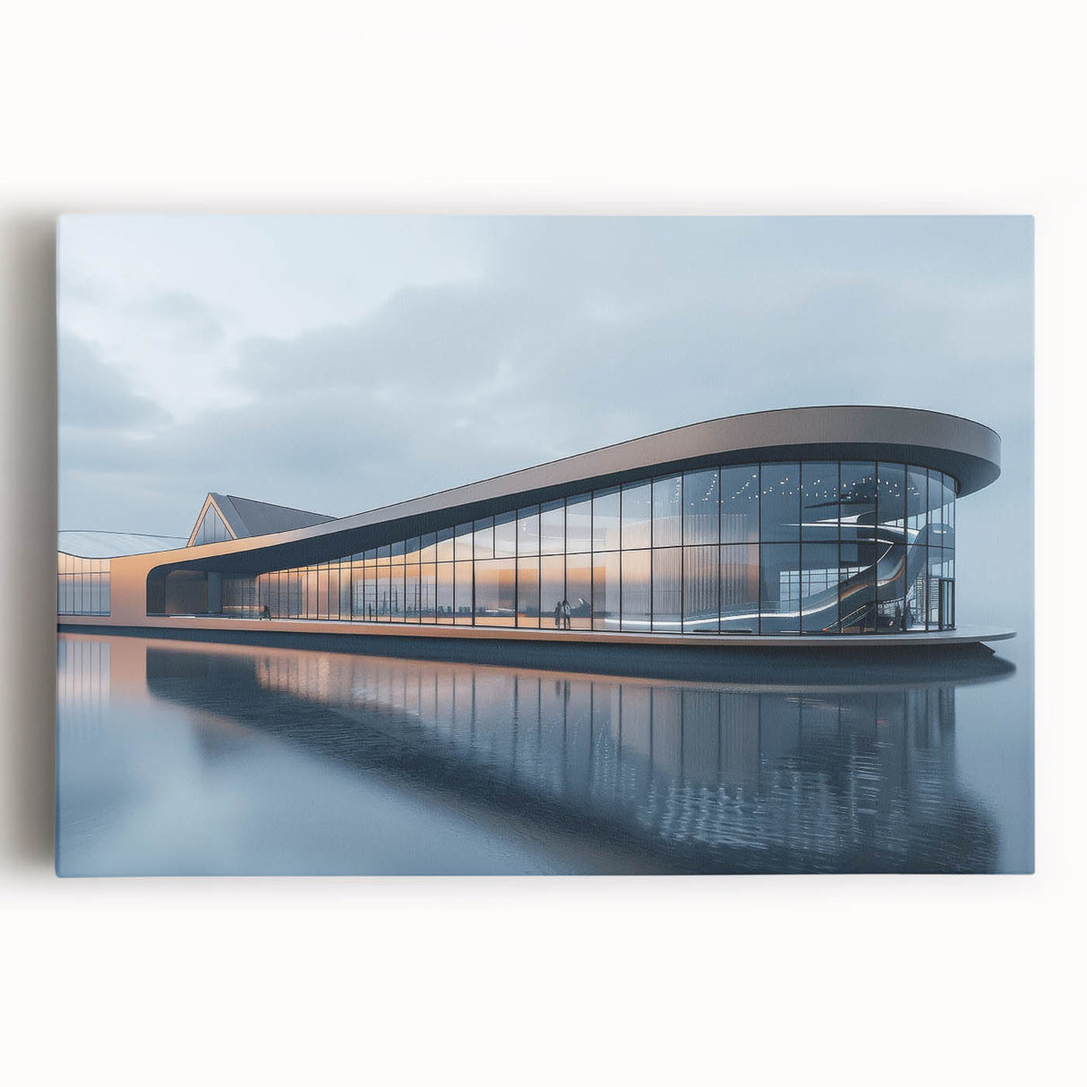 Black and white photograph on stretched canvas of an architectural museum, ideal for kitchen wall art.