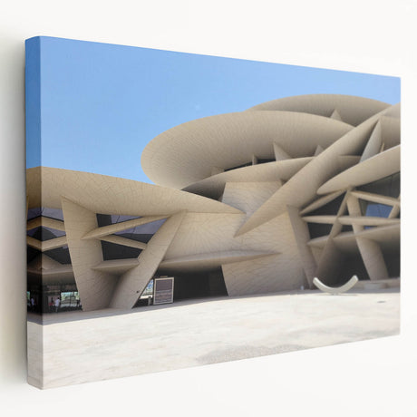 Large stretched canvas featuring a detailed architectural museum design in monochrome, ideal for kitchen wall art.