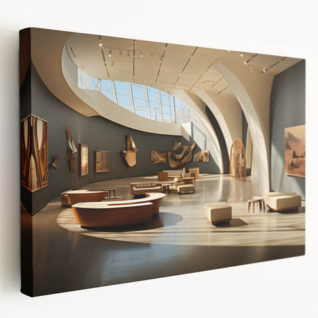 Large canvas print of modern architecture museums, featuring neutral and gray tones, suitable for kitchen wall art.