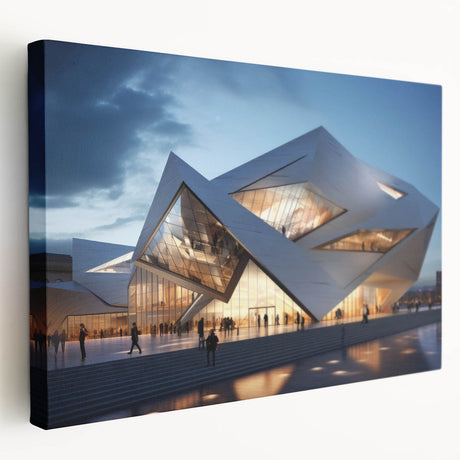 Large stretched canvas featuring a sharp photographic print of modern architectural museums, in monochrome tones.
