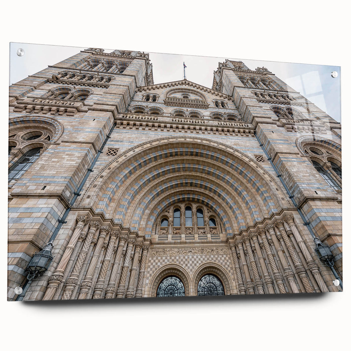 Large abstract wall art on acrylic glass depicting a palace, in muted earth tones, suitable for bedroom or dining room decor.