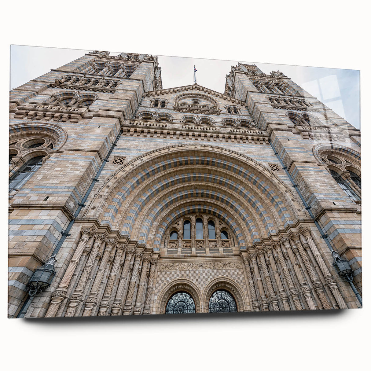 Large abstract wall art of a palace design in muted beige and cream tones on acrylic glass.