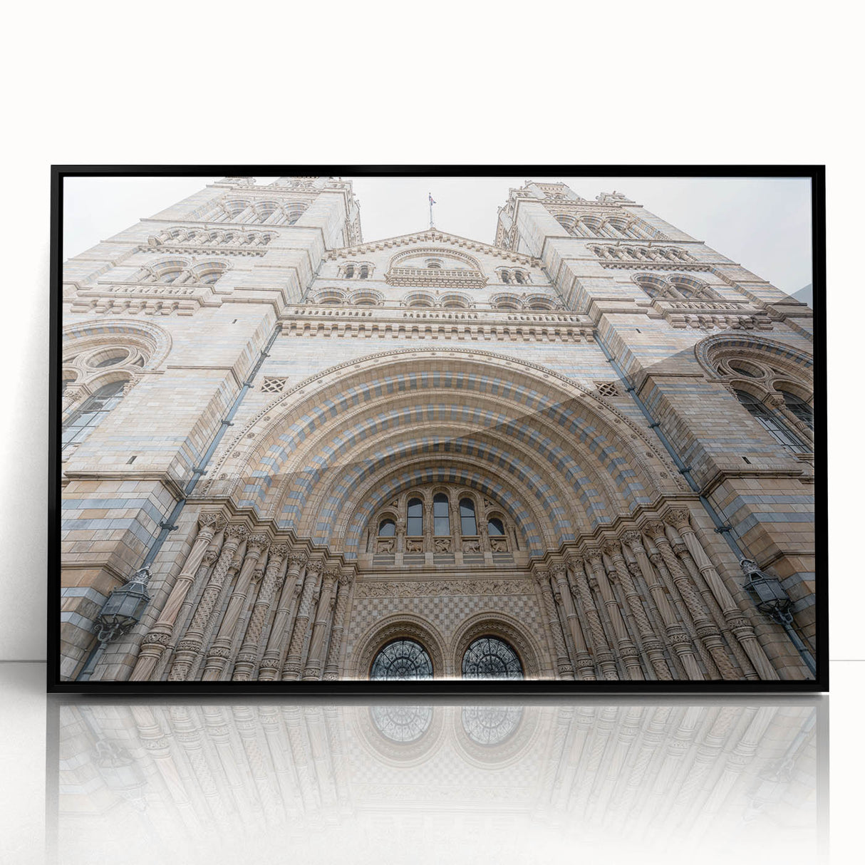 Large abstract wall art featuring a mid-century modernist palace design in black and gray tones on framed acrylic.