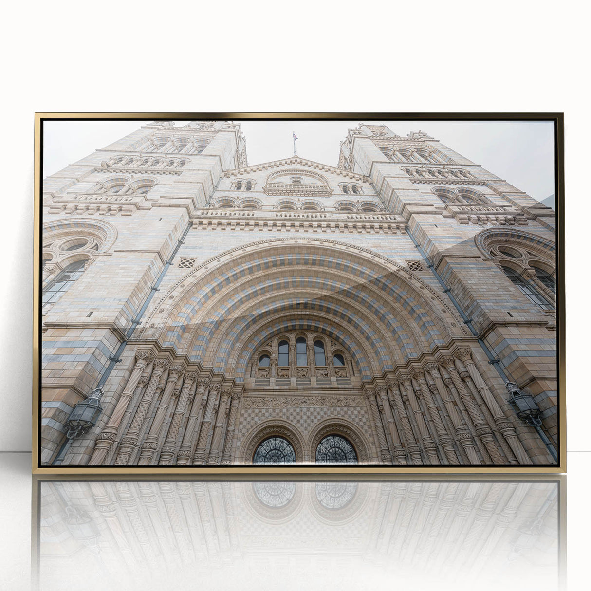 Mid-century modernist acrylic print of an architectural palace in gold hues, ideal for nursery wall art.