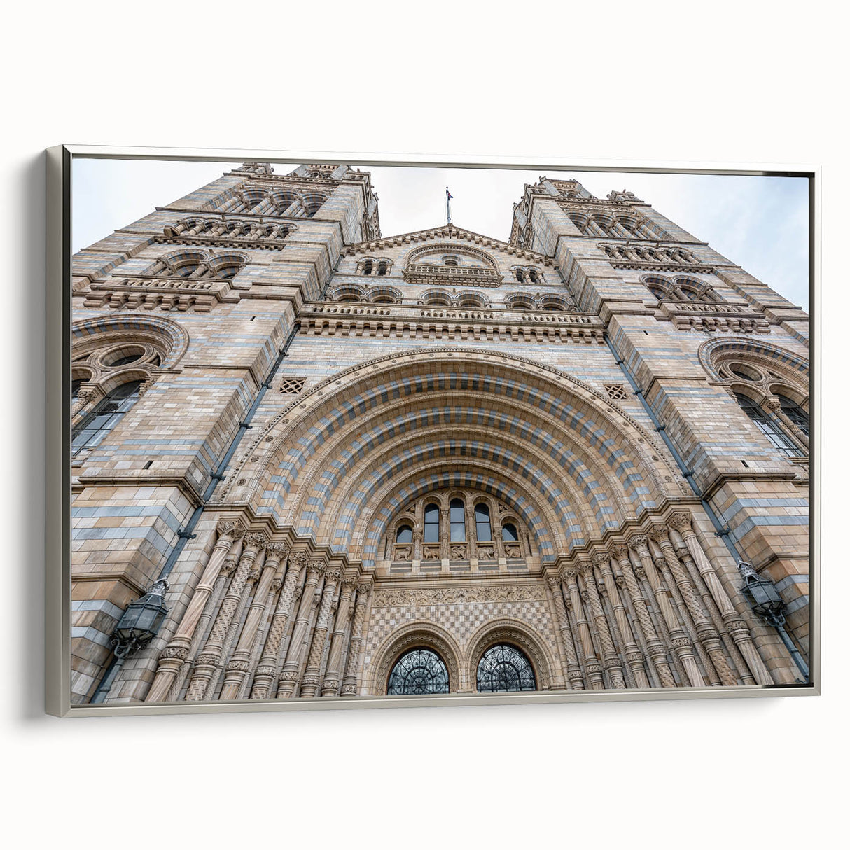 Vintage poster art of a palace in muted grays and silvers on framed canvas, suitable for large living room walls.