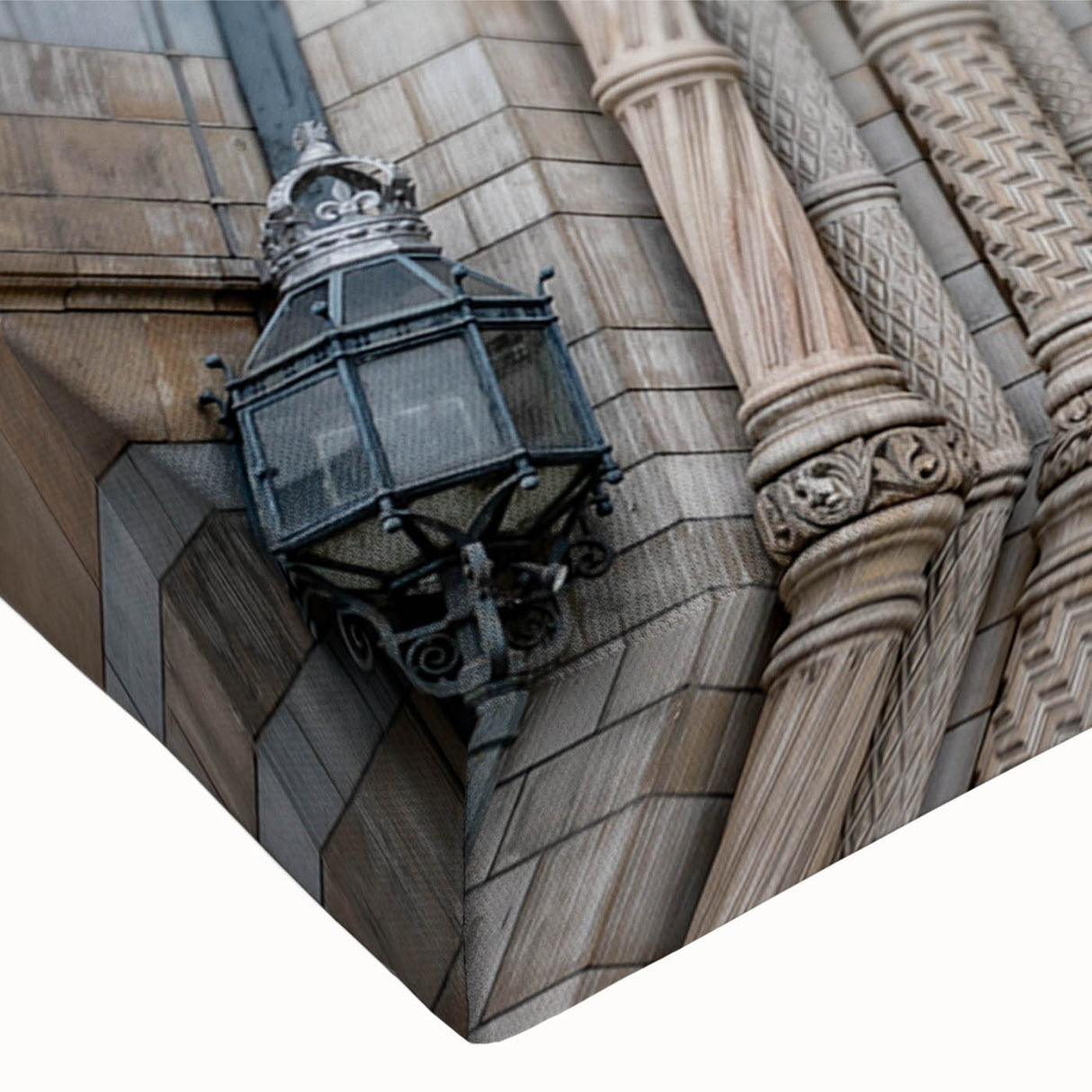 Large art on stretched canvas featuring a black and white landscape painting of a palace, ideal for bedroom wall decor.