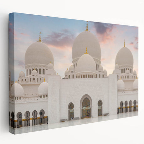 Large art depicting a baroque palace in muted gold and ivory tones on a stretched canvas, ideal for kitchen wall art.