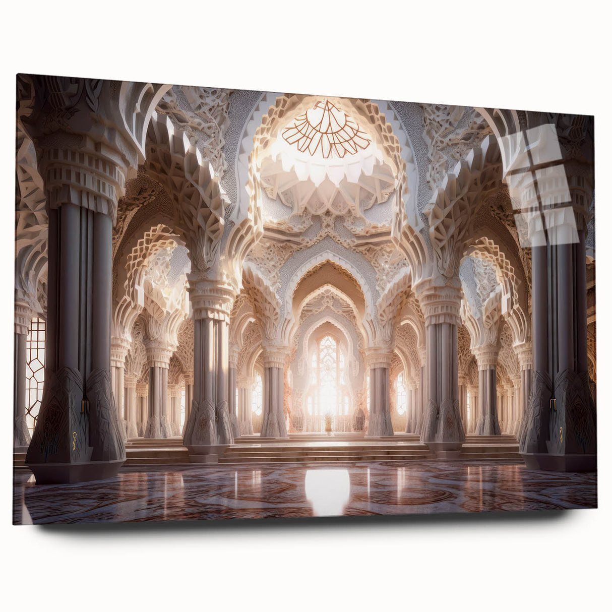 Large abstract wall art featuring a blurred image of a palace in muted beige tones, printed on acrylic glass.