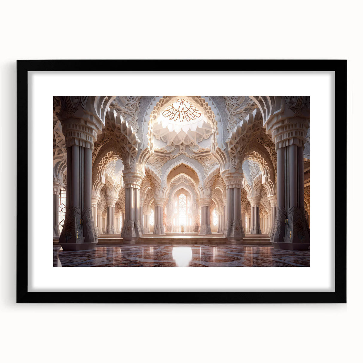 Extra large abstract art print featuring a colorful, textured depiction of a palace, presented in a black frame with mat.