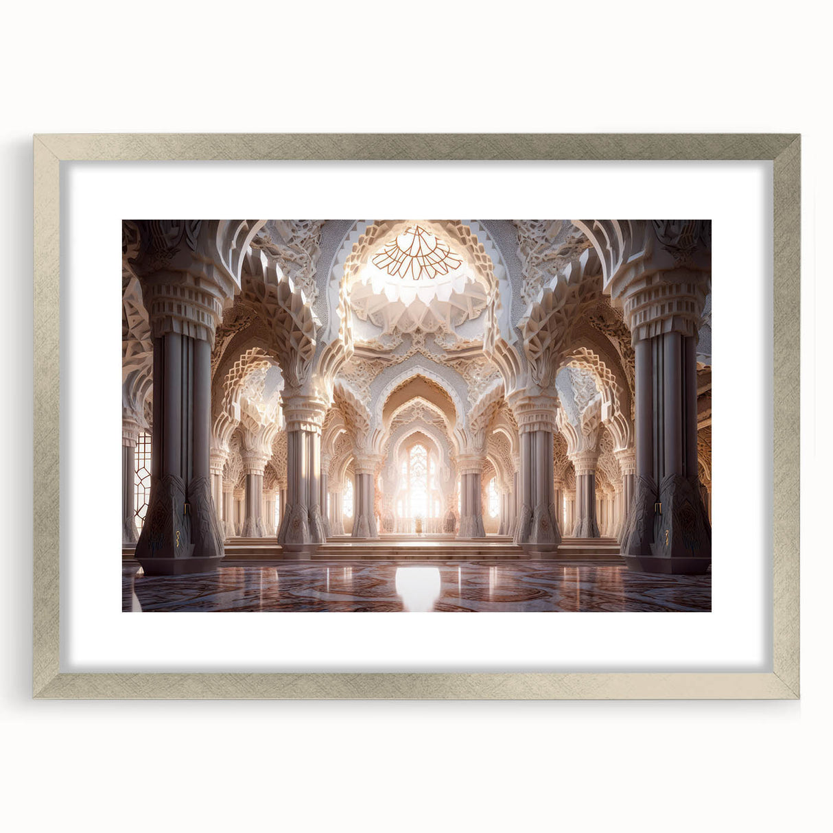 Abstract art print of a palace architecture in muted gray and silver tones on a framed canvas.