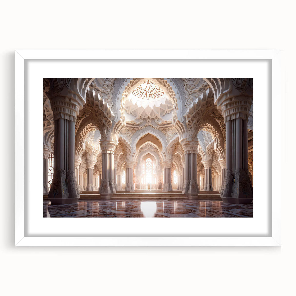 Extra large abstract art print featuring textured designs in neutral shades, framed in white, ideal for living room decor.