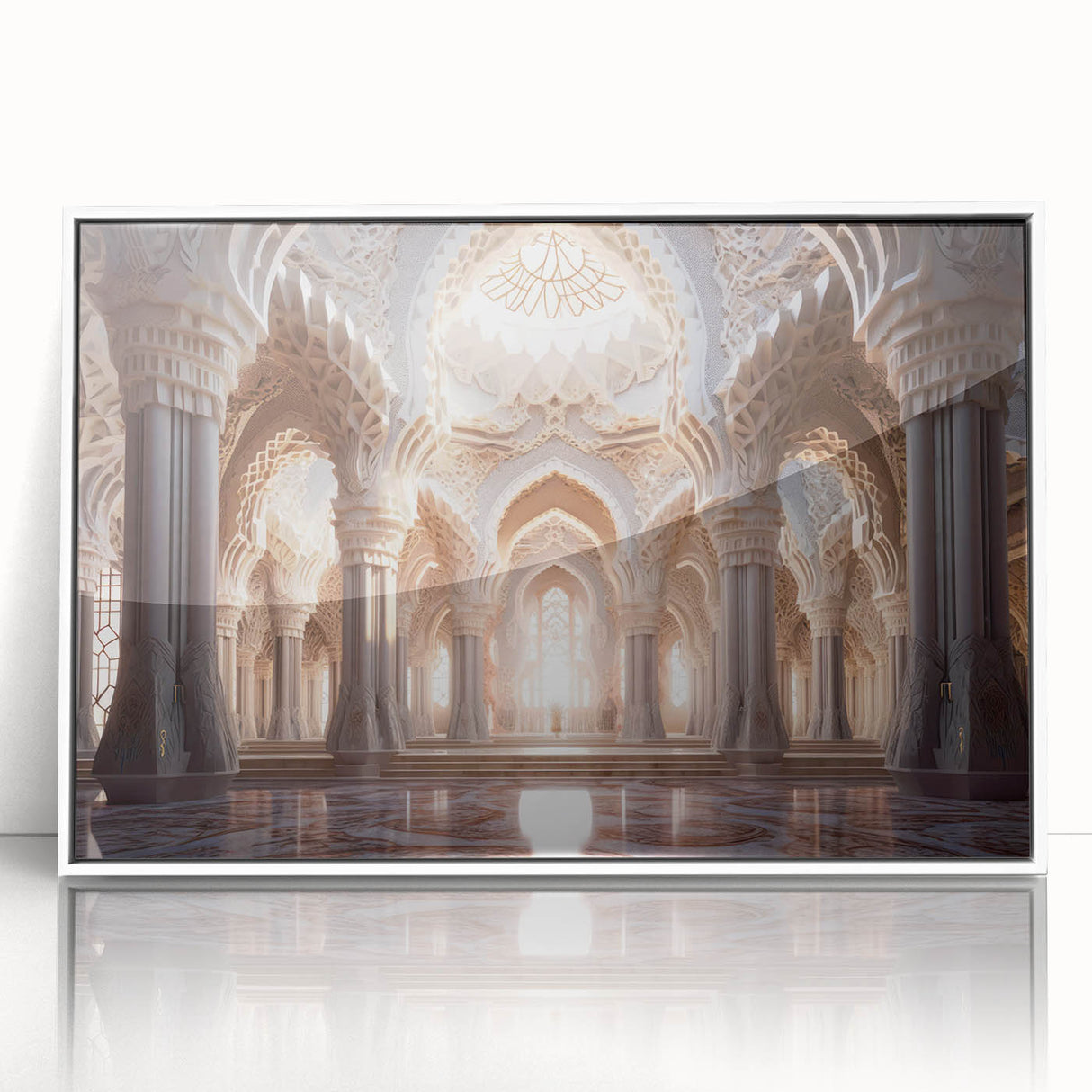 Large art print of a mid-century modernist palace design in muted beige and white tones, framed acrylic.