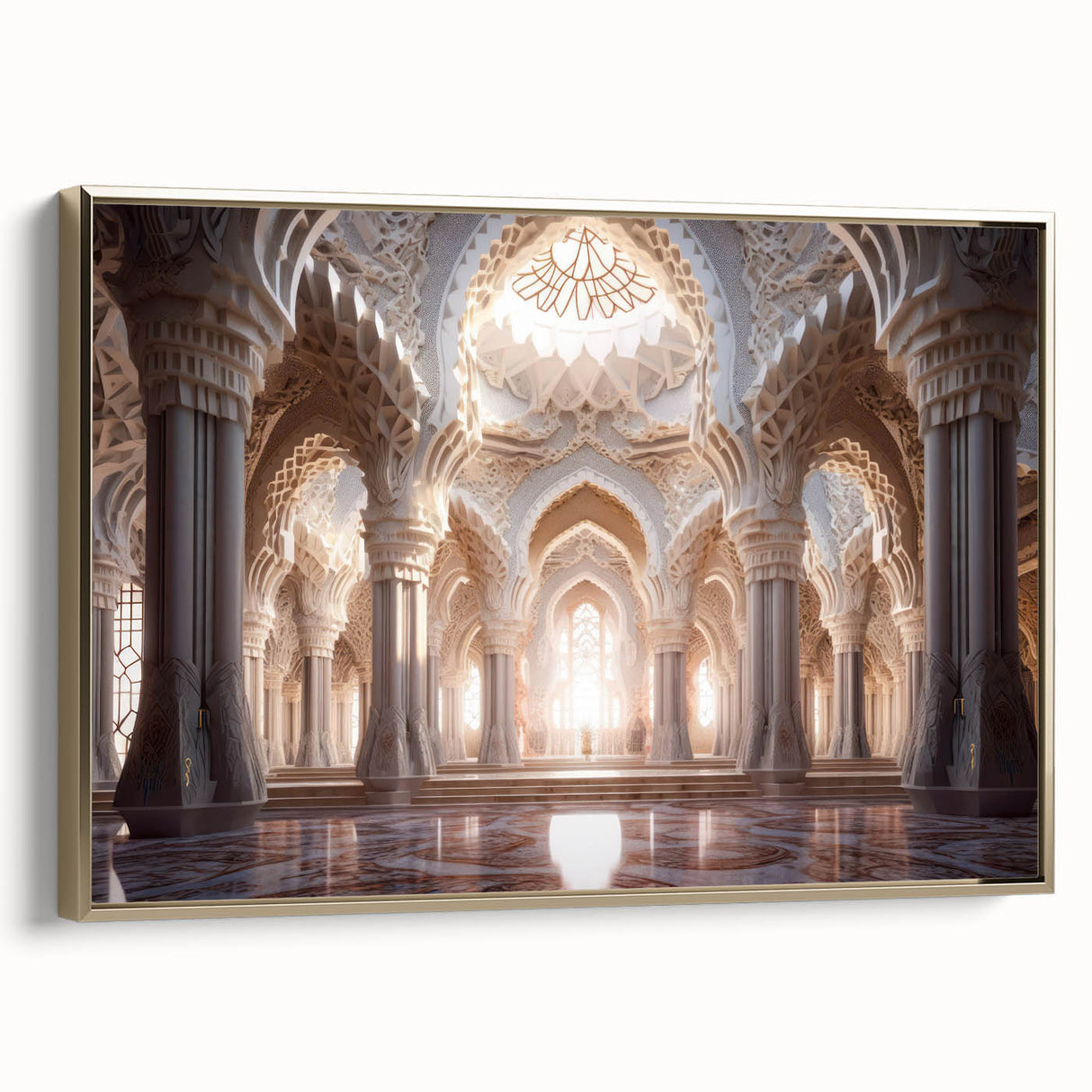 Framed canvas of a vintage-style palace design in muted gold and black, ideal for adding a classic touch to office spaces.
