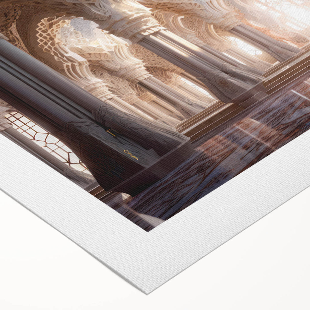 Art deco poster of a palace architecture in muted gold and blue tones on rolled canvas, suitable for dining room decor.