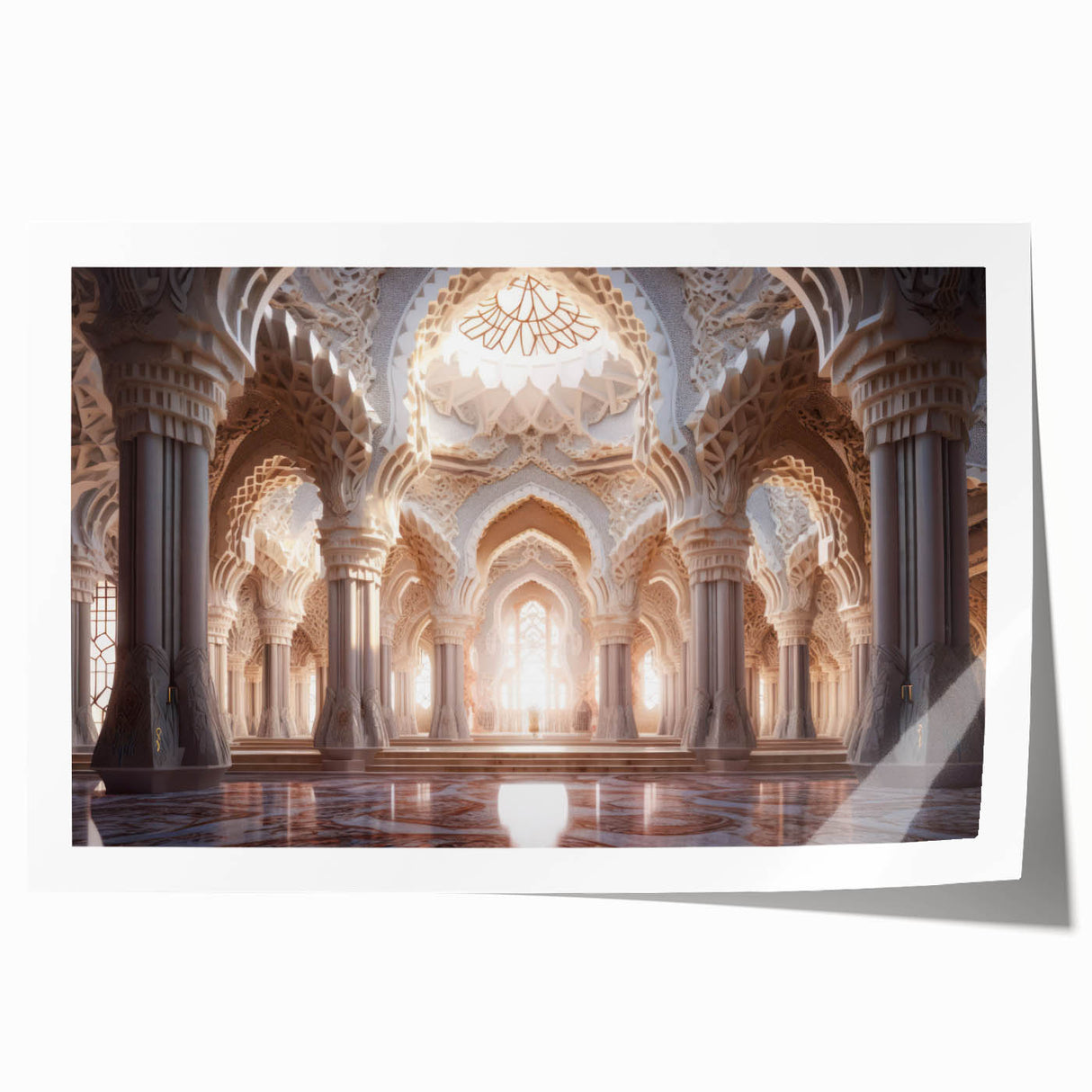 Extra large rolled print of a palace architecture design with muted earth tones, ideal for dining room wall art.