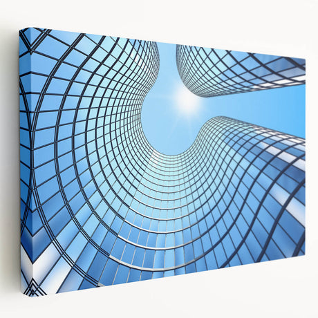 Large canvas print of a modern skyscraper in gray tones, ideal for kitchen wall art.