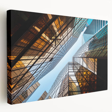 Large canvas print of a modern skyscraper architecture in monochrome tones, ideal for kitchen wall art.