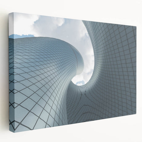 Large canvas print of a modern skyscraper design in muted gray tones, ideal for kitchen wall art.