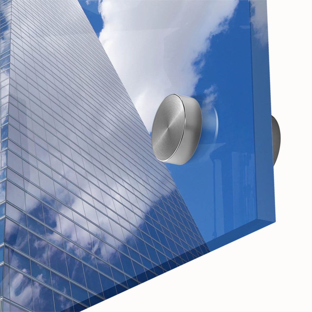 Mid-century modernist large abstract art print on acrylic glass, featuring geometric skyscraper design in muted tones.