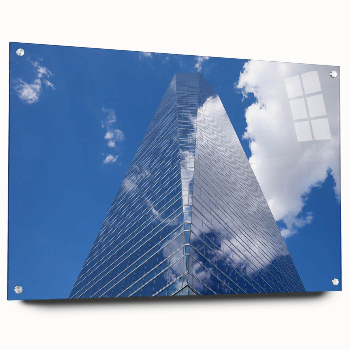 Acrylic glass print of a large abstract skyscraper design in muted grays, ideal for modern bedroom or dining room decor.