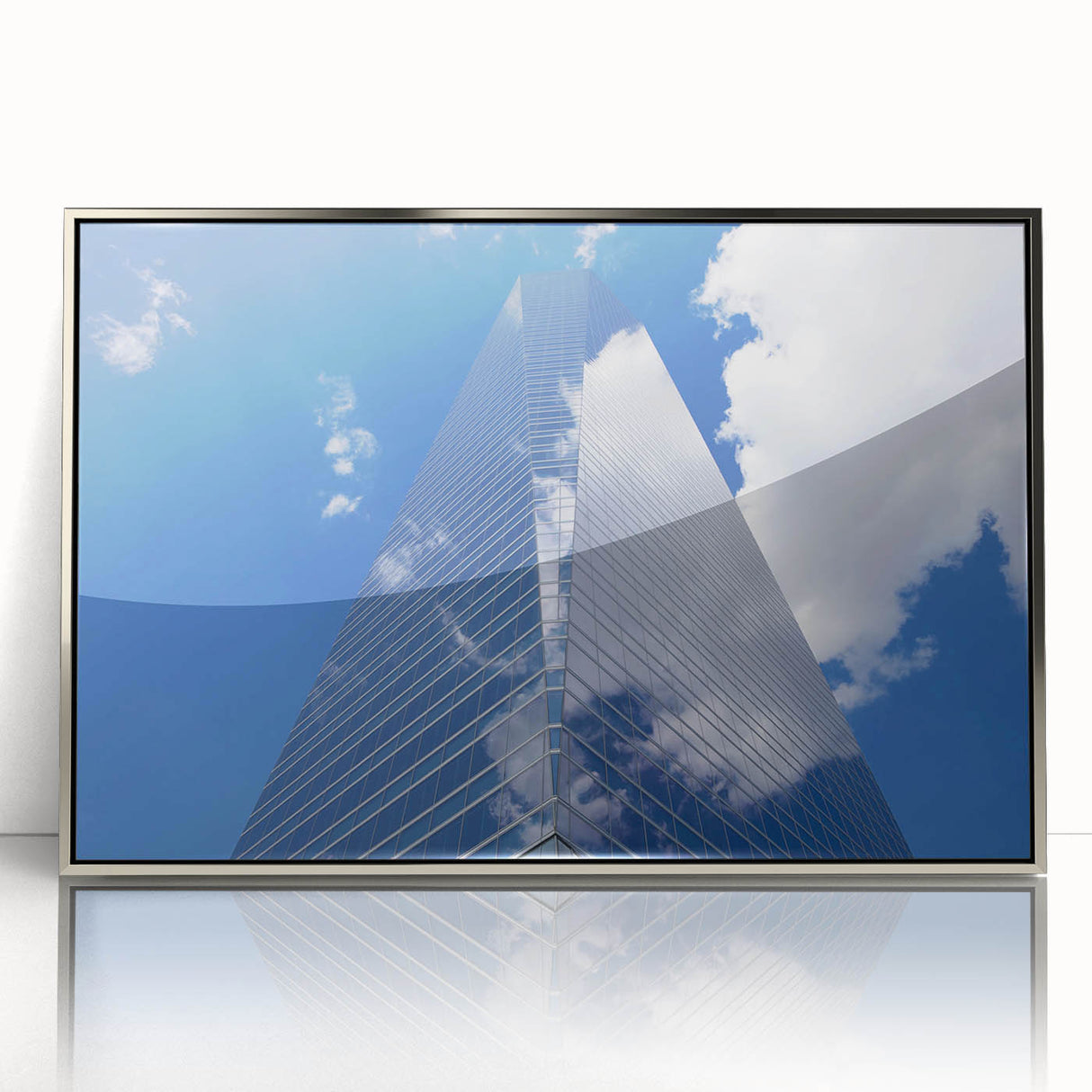 Art deco poster of a silver-framed acrylic skyscraper design, suitable for modern art wall decor.