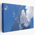 Modern skyscraper design on stretched canvas, featuring gray and metallic tones, suitable for kitchen wall art.