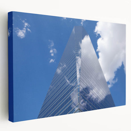 Modern skyscraper design on stretched canvas, featuring gray and metallic tones, suitable for kitchen wall art.