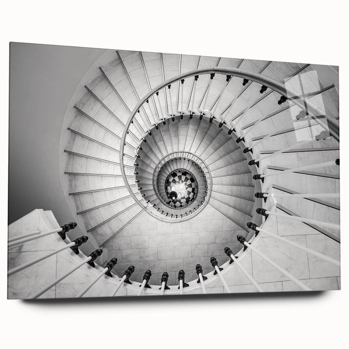 Large abstract wall art featuring a spiral staircase design in monochrome, printed on acrylic glass.
