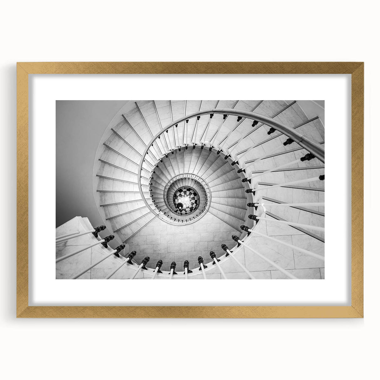 Extra large abstract art print featuring a textured staircase design in gold and black, framed with a mat.