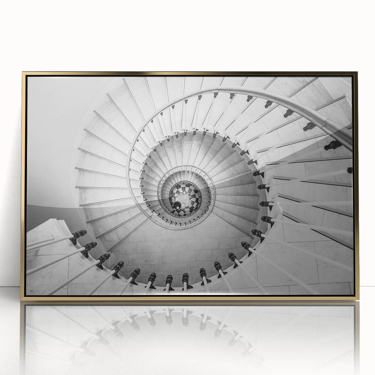 Mid-century modernist spiral staircase design in gold and black tones on a framed acrylic.