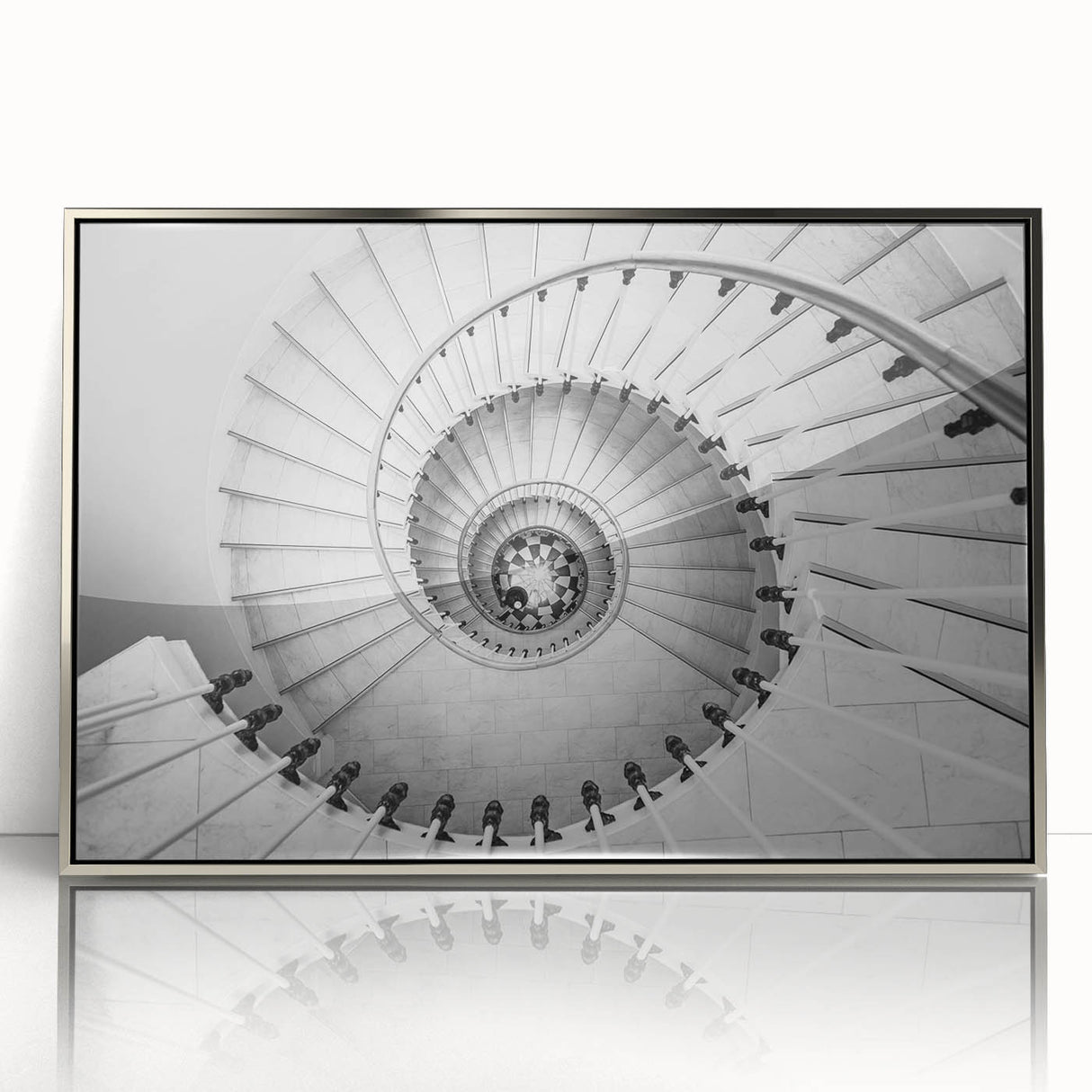 Mid-century modernist art featuring a spiral staircase in muted gray tones, acrylic print, ideal for modern art wall decor.