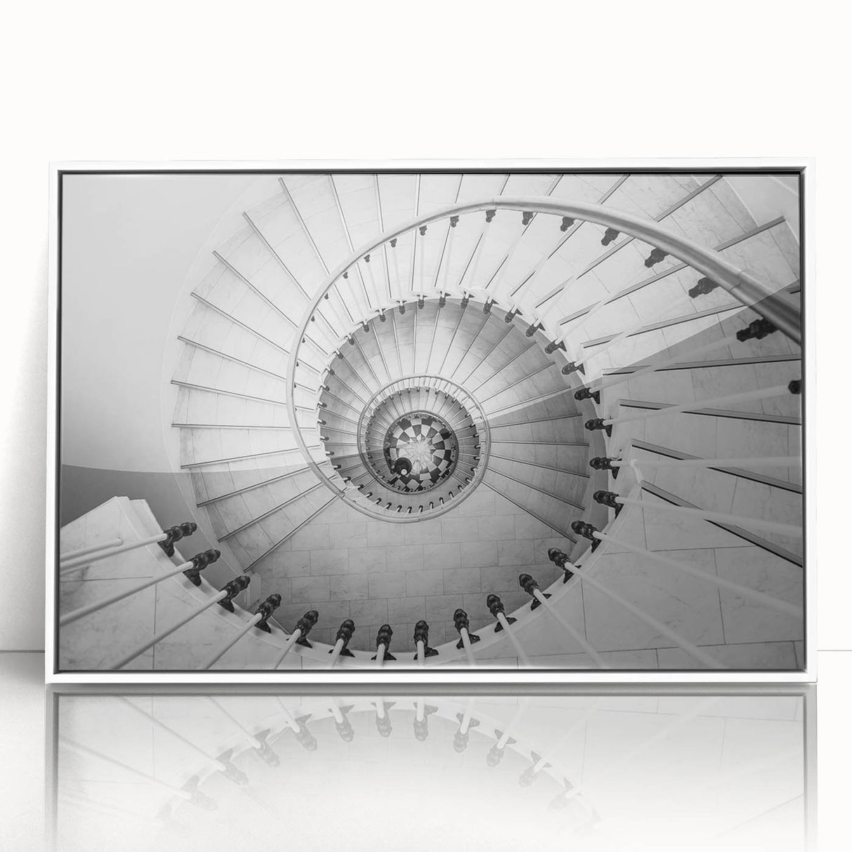 Art Deco style staircase design in black and white on a framed acrylic, suitable for modern nursery wall decor.