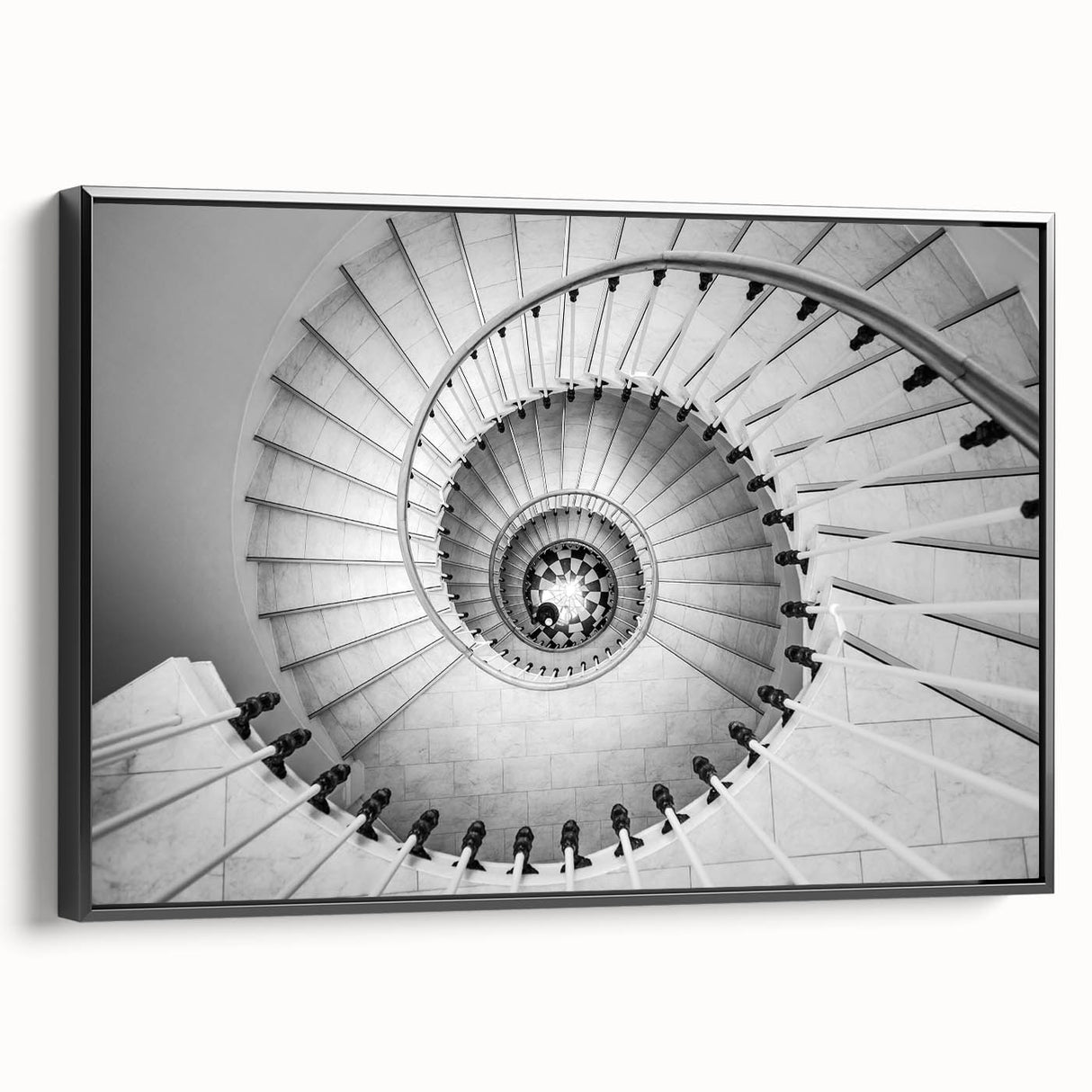 Black and white wall art featuring a spiral staircase design on a framed canvas, suitable for bedroom decor.