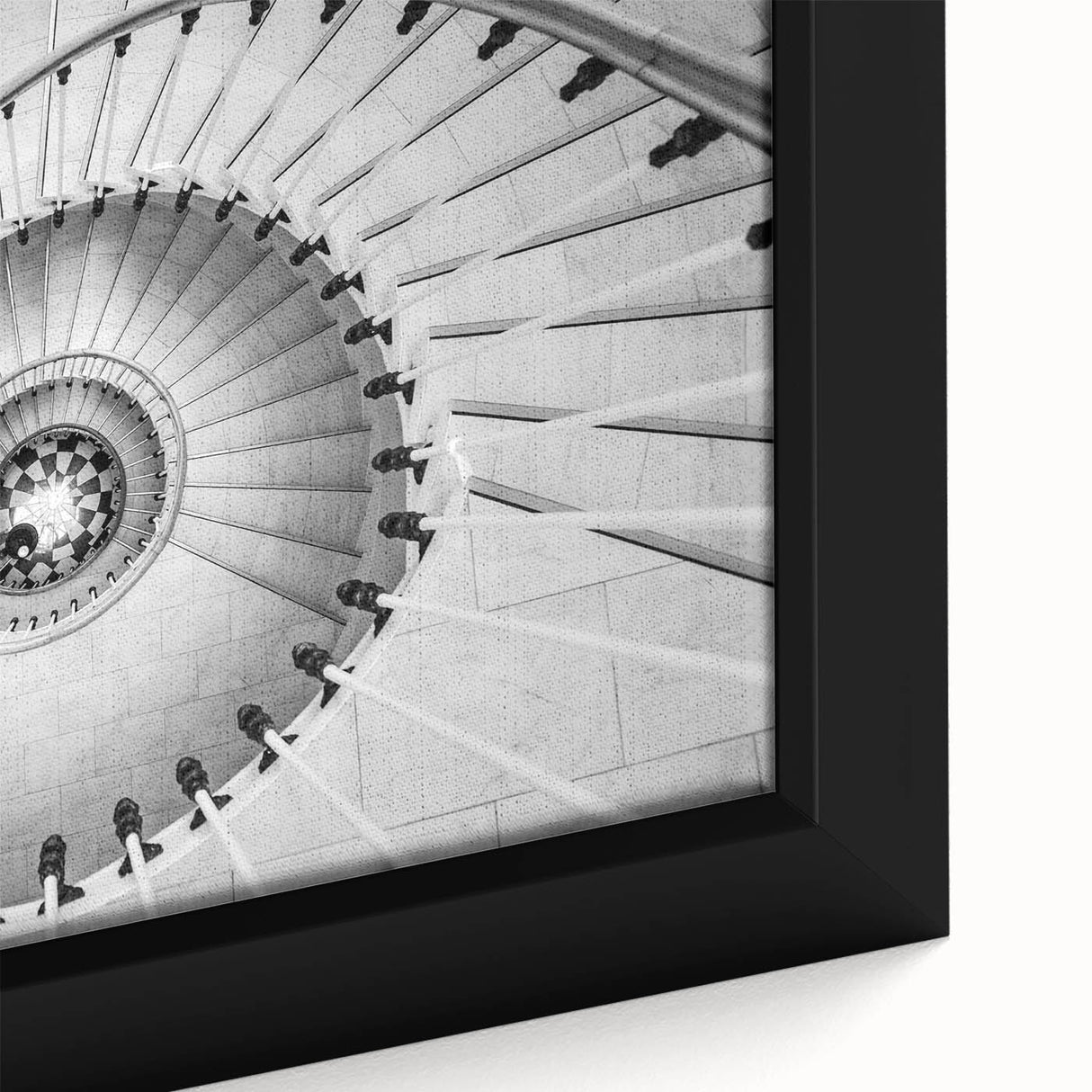 Close-up of a black framed canvas featuring a colorful, textured staircase design, ideal for living room decor.
