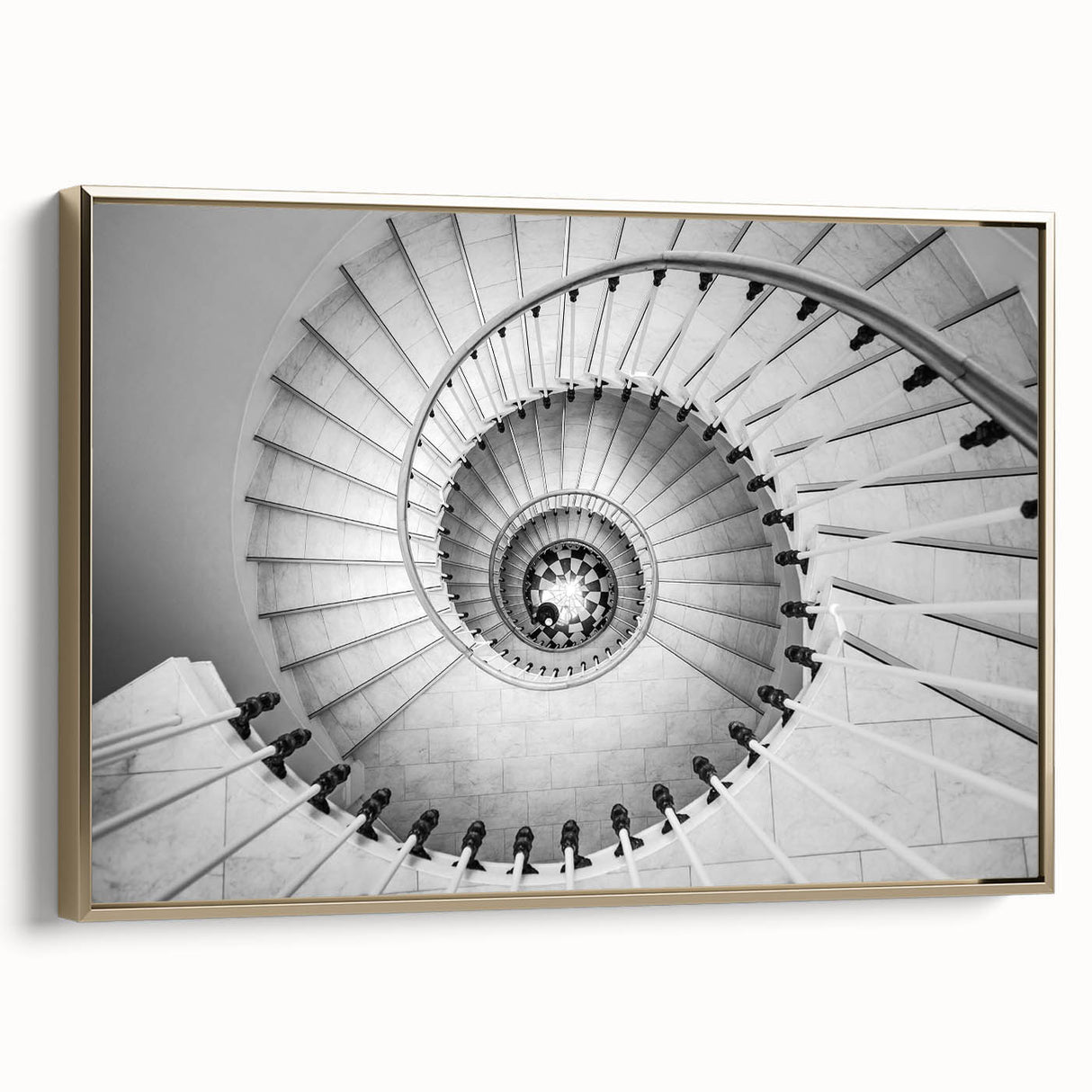 Framed canvas of a vintage-style staircase in monochrome black, ideal for bedroom wall decor.